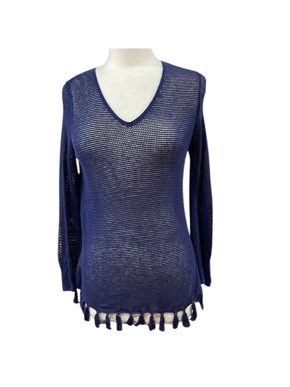 J. McLaughlin Cotton Mesh Swim Coverup Tassel Fringe Hem SZ S Navy Blue